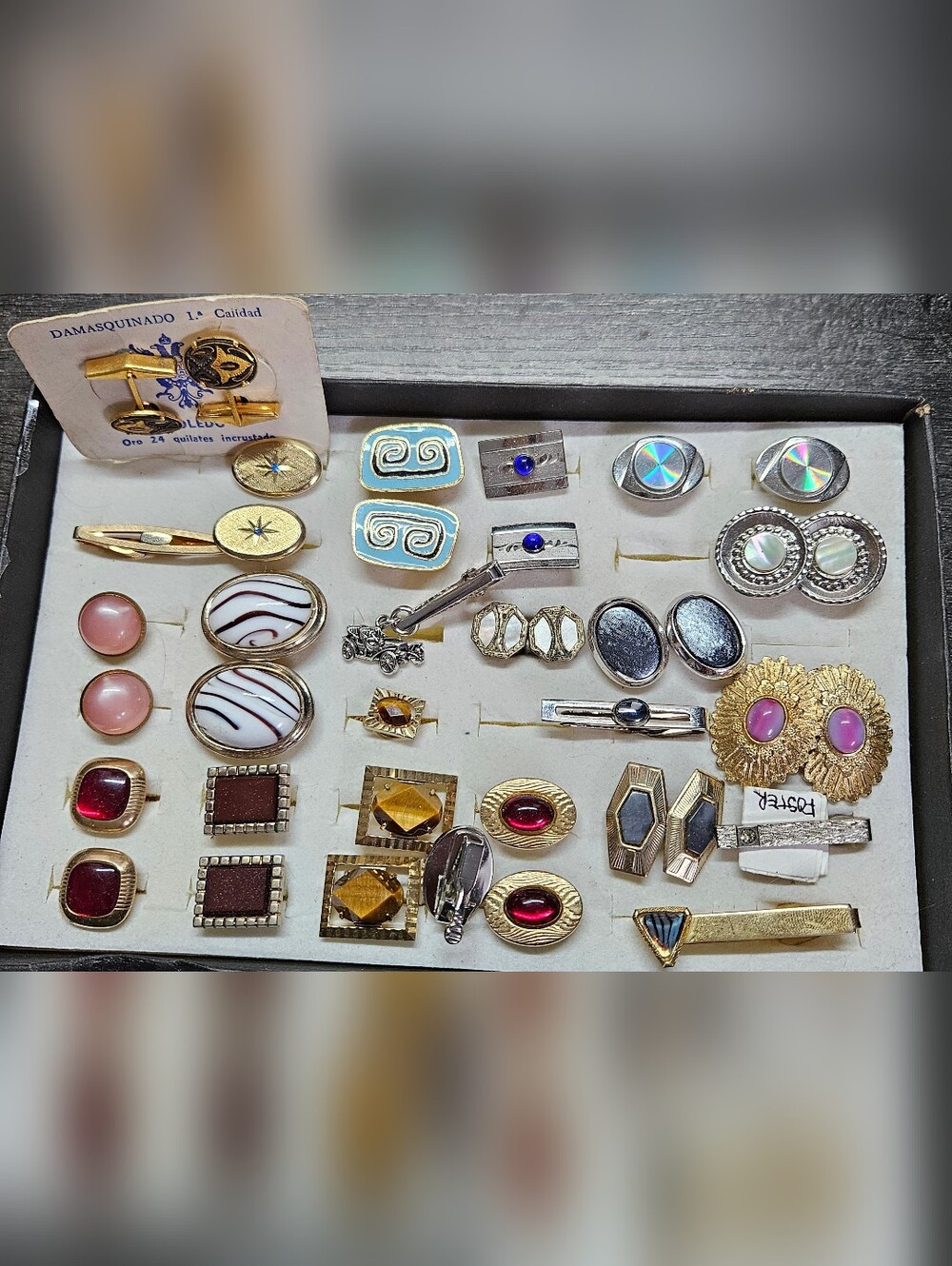 Vintage Mixed Metal and Gemstone Women's Jewelry Set - Pink, Gold, Blue Accents